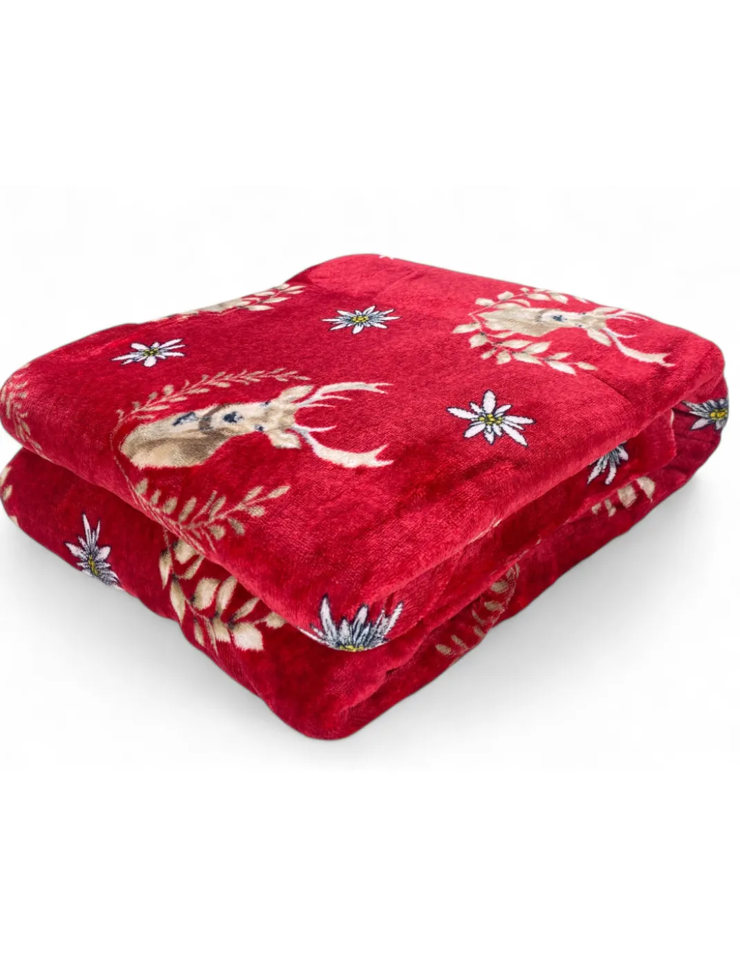 Plaid Sherpa Cervi Rosso – Coperta in Pile Agnellato Morbido Stile Tirolese – Retro Tortora, Stampa Cervo e Stelle Alpine