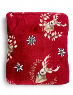 Plaid Sherpa Cervi Rosso – Coperta in Pile Agnellato Morbido Stile Tirolese – Retro Tortora, Stampa Cervo e Stelle Alpine