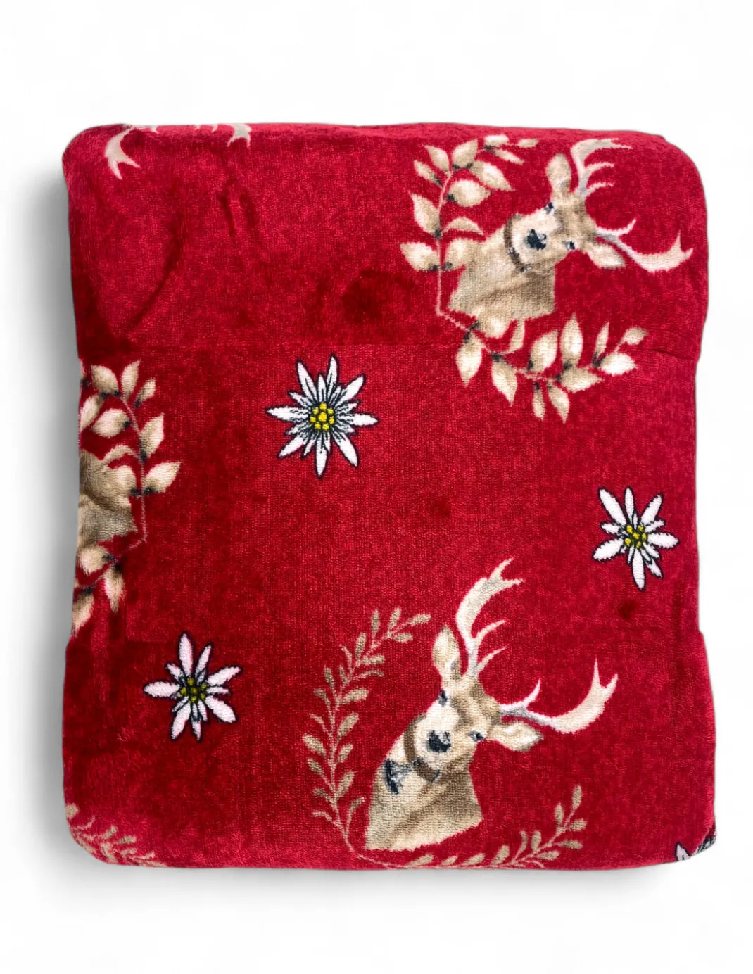 Plaid Sherpa Cervi Rosso – Coperta in Pile Agnellato Morbido Stile Tirolese – Retro Tortora, Stampa Cervo e Stelle Alpine