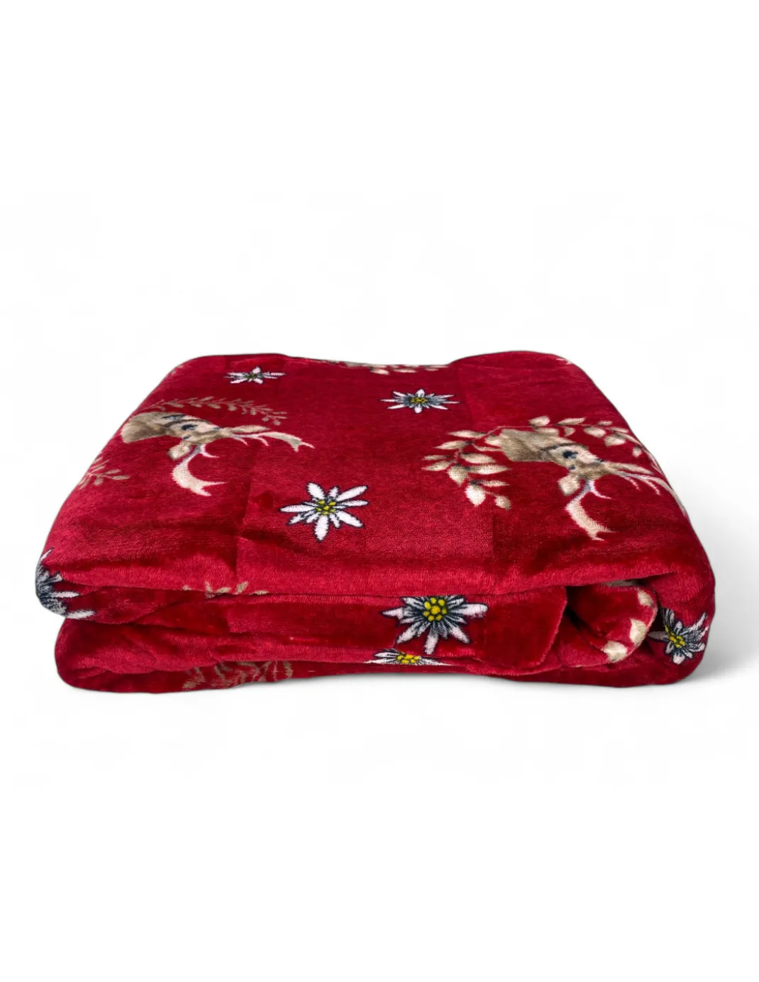 Plaid Sherpa Cervi Rosso – Coperta in Pile Agnellato Morbido Stile Tirolese – Retro Tortora, Stampa Cervo e Stelle Alpine