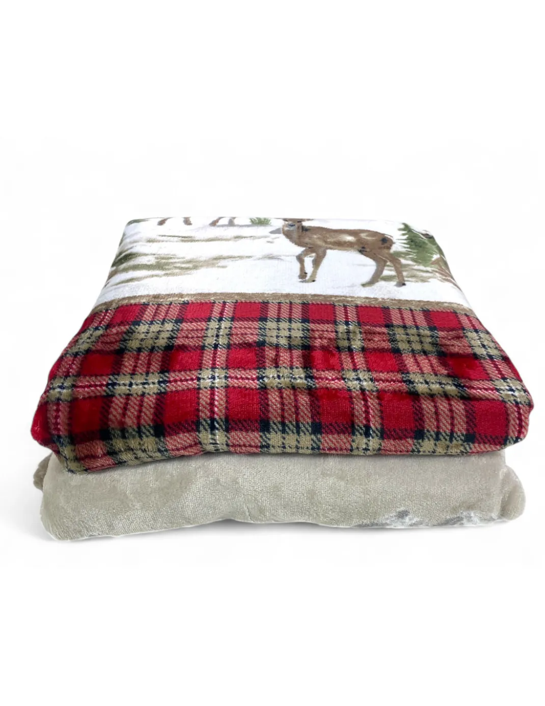 Plaid Sherpa Chalet – Coperta Invernale Morbida in Pile Agnellato Stile Tirolese – Stampa Cervi e Montagna, Retro Tortora