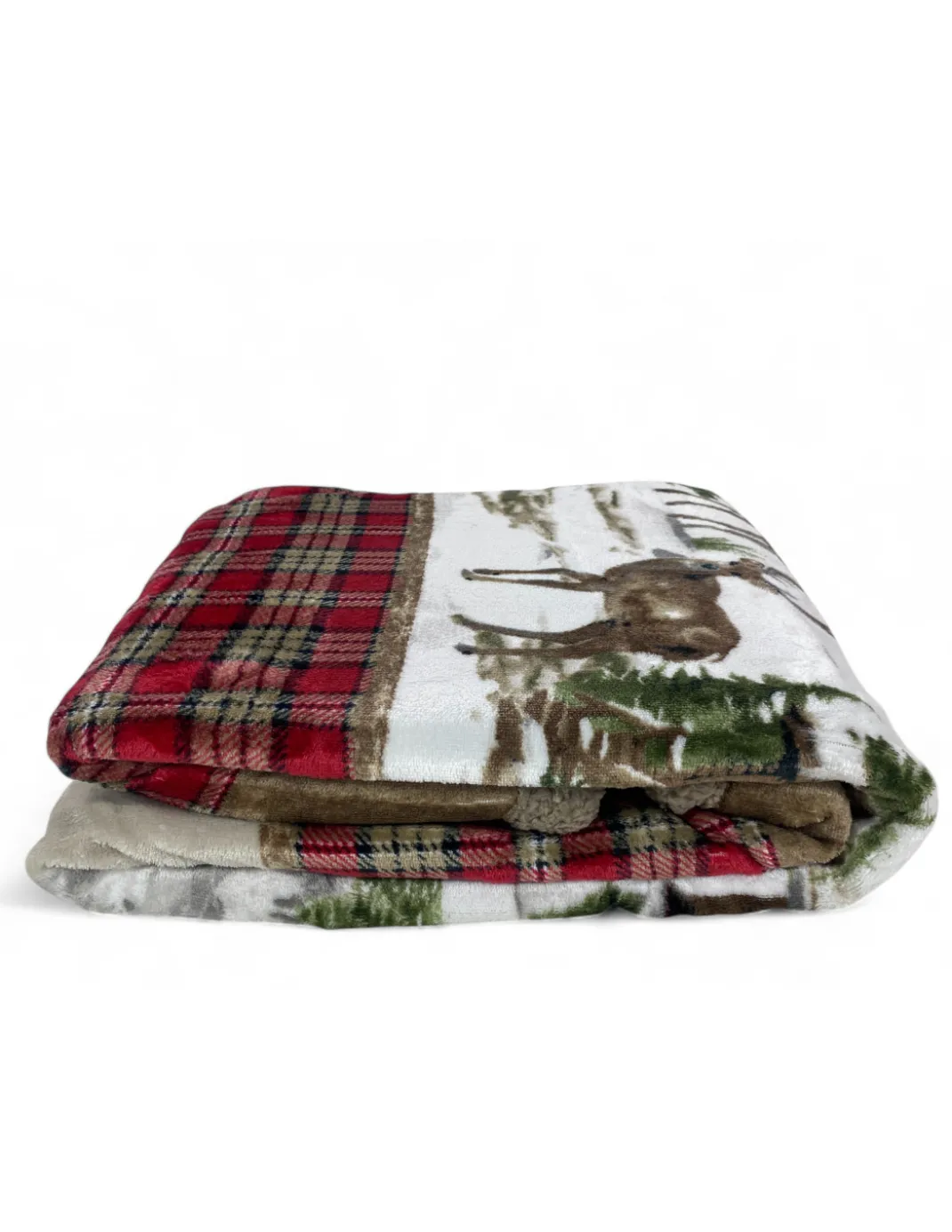 Plaid Sherpa Chalet – Coperta Invernale Morbida in Pile Agnellato Stile Tirolese – Stampa Cervi e Montagna, Retro Tortora