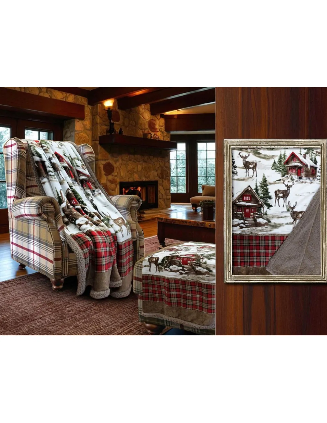 Plaid Sherpa Chalet – Coperta Invernale Morbida in Pile Agnellato Stile Tirolese – Stampa Cervi e Montagna, Retro Tortora