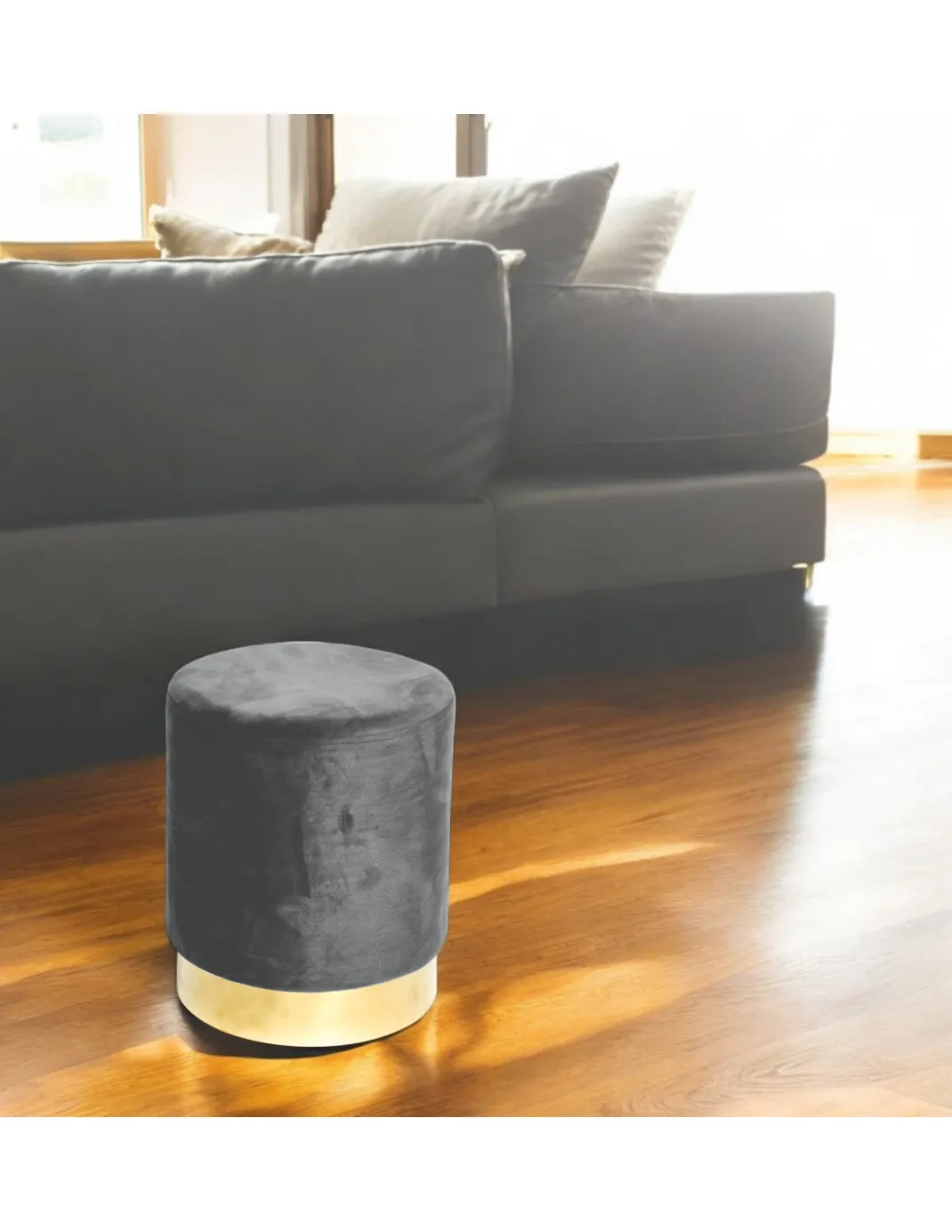Pouf Poggiapiedi Velvet in Velluto Grigio Scuro con Base Dorata | Design Elegante, Ø32xH40 cm, Morbido, Resistente fino a 150 kg