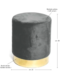Pouf Poggiapiedi Velvet in Velluto Grigio Scuro con Base Dorata | Design Elegante, Ø32xH40 cm, Morbido, Resistente fino a 150 kg