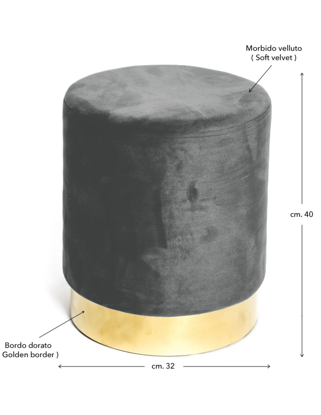Pouf Poggiapiedi Velvet in Velluto Grigio Scuro con Base Dorata | Design Elegante, Ø32xH40 cm, Morbido, Resistente fino a 150 kg