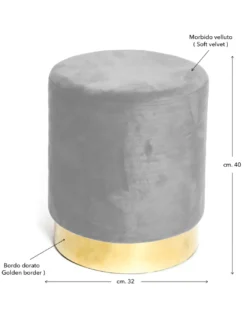 Pouf Poggiapiedi Velvet in Velluto Grigio Chiaro con Base Dorata | Design Elegante, Ø32xH40 cm, Resistente fino a 150 kg