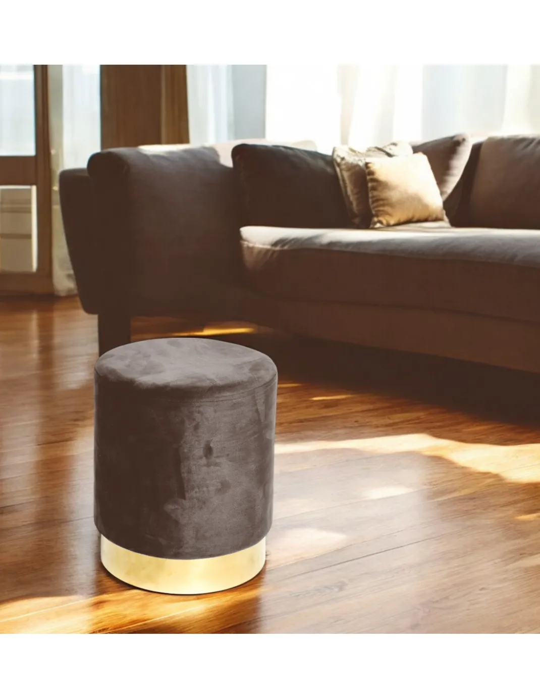 Pouf Poggiapiedi Velvet in Velluto Marrone con Base Dorata | Design Elegante, Ø32xH40 cm, Morbido, Resistente fino a 150 kg