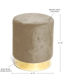 Pouf Poggiapiedi Velvet in Velluto Tortora con Base Dorata | Design Elegante, Ø32xH40 cm, Morbido, Resistente fino a 150 kg