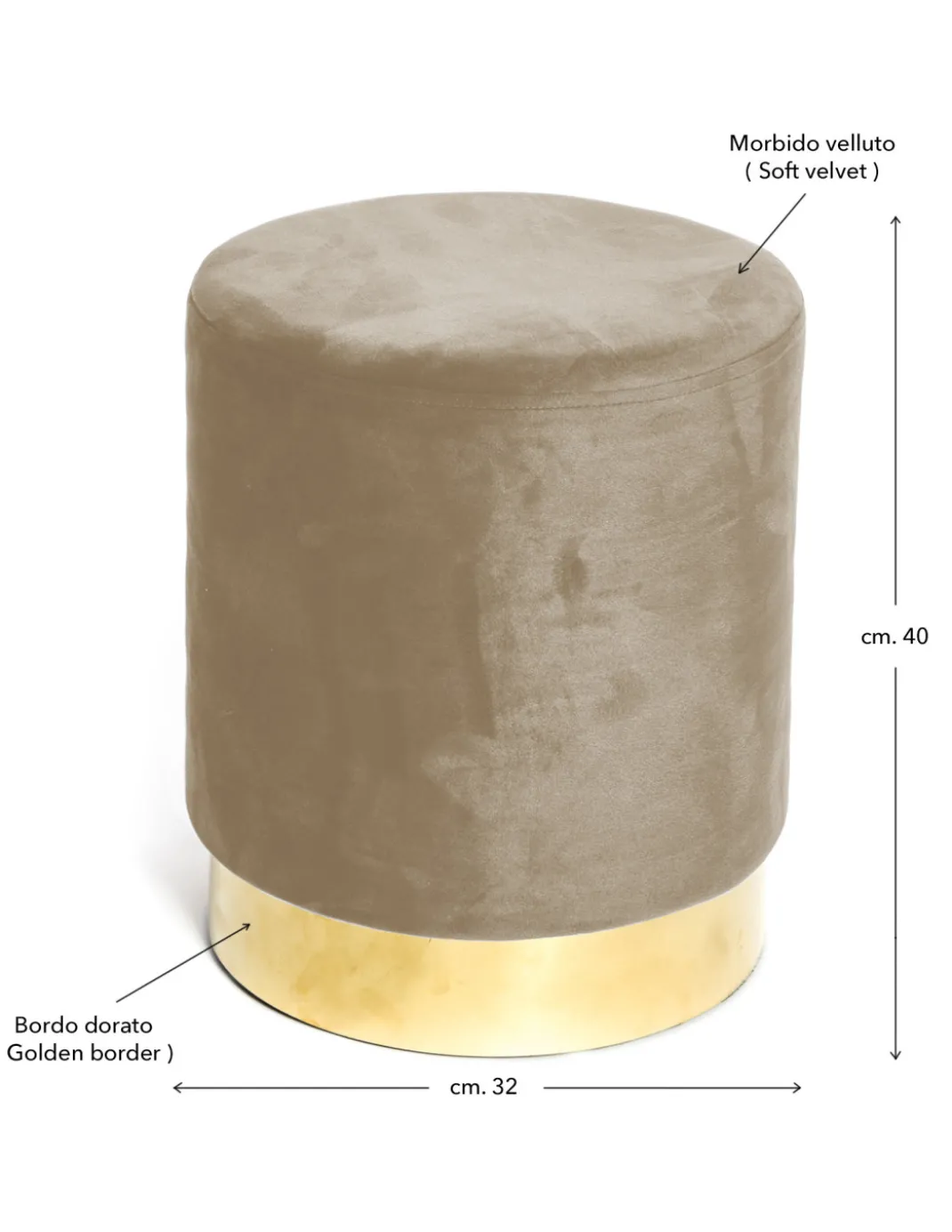Pouf Poggiapiedi Velvet in Velluto Tortora con Base Dorata | Design Elegante, Ø32xH40 cm, Morbido, Resistente fino a 150 kg