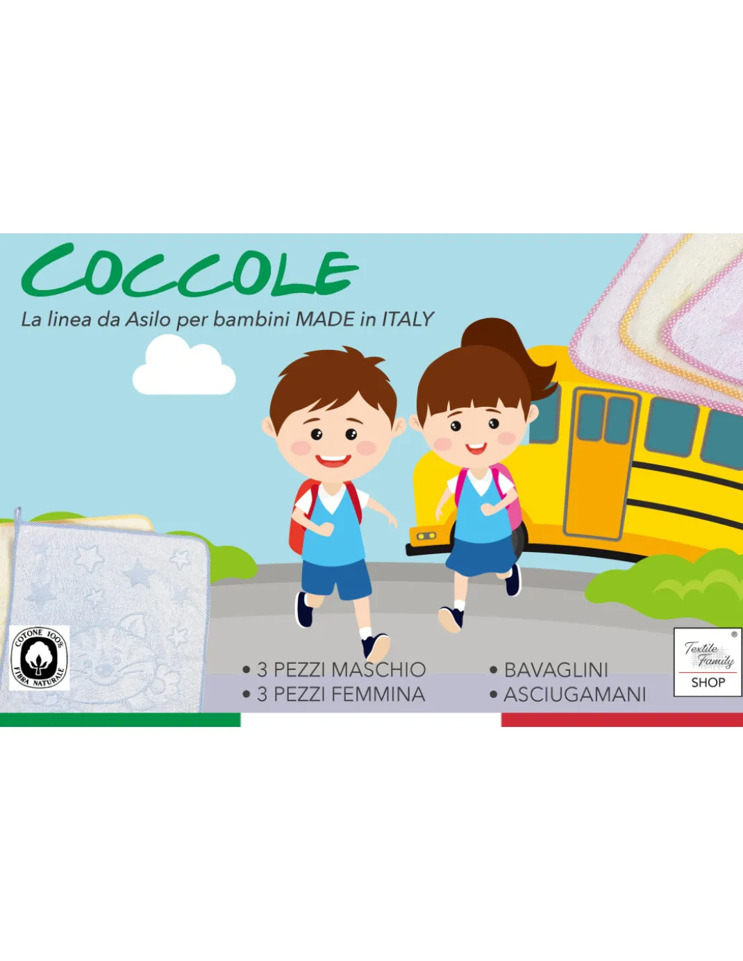 SET 3 ASCIUGAMANI ASILO bambino COCCOLE cm. 40x50 in Puro cotone