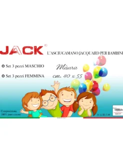 SET 3 ASCIUGAMANI ASILO bambina JACK © cm. 40x55 puro cotone FEMMINA