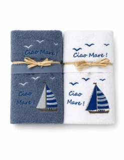 Set Asciugamani Bagno Blu “Ciao Mare” in Spugna 100% Cotone, Ricamo Barca a Vela, Made in Italy, Idea Regalo