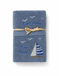 Set Asciugamani Bagno Blu “Ciao Mare” in Spugna 100% Cotone, Ricamo Barca a Vela, Made in Italy, Idea Regalo