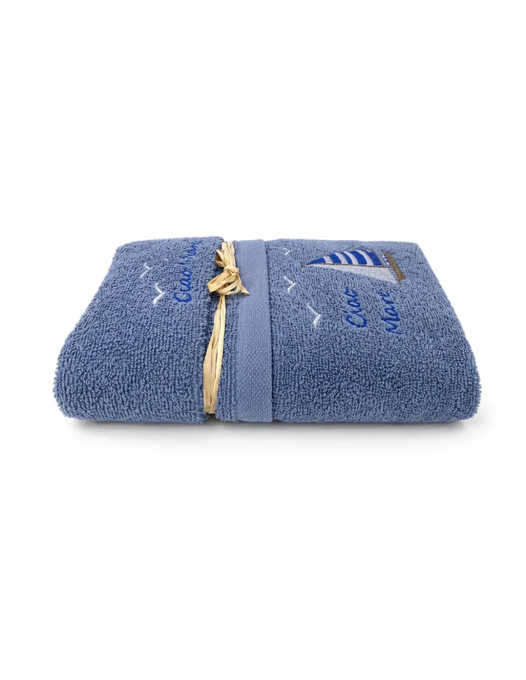 Set Asciugamani Bagno Blu “Ciao Mare” in Spugna 100% Cotone, Ricamo Barca a Vela, Made in Italy, Idea Regalo