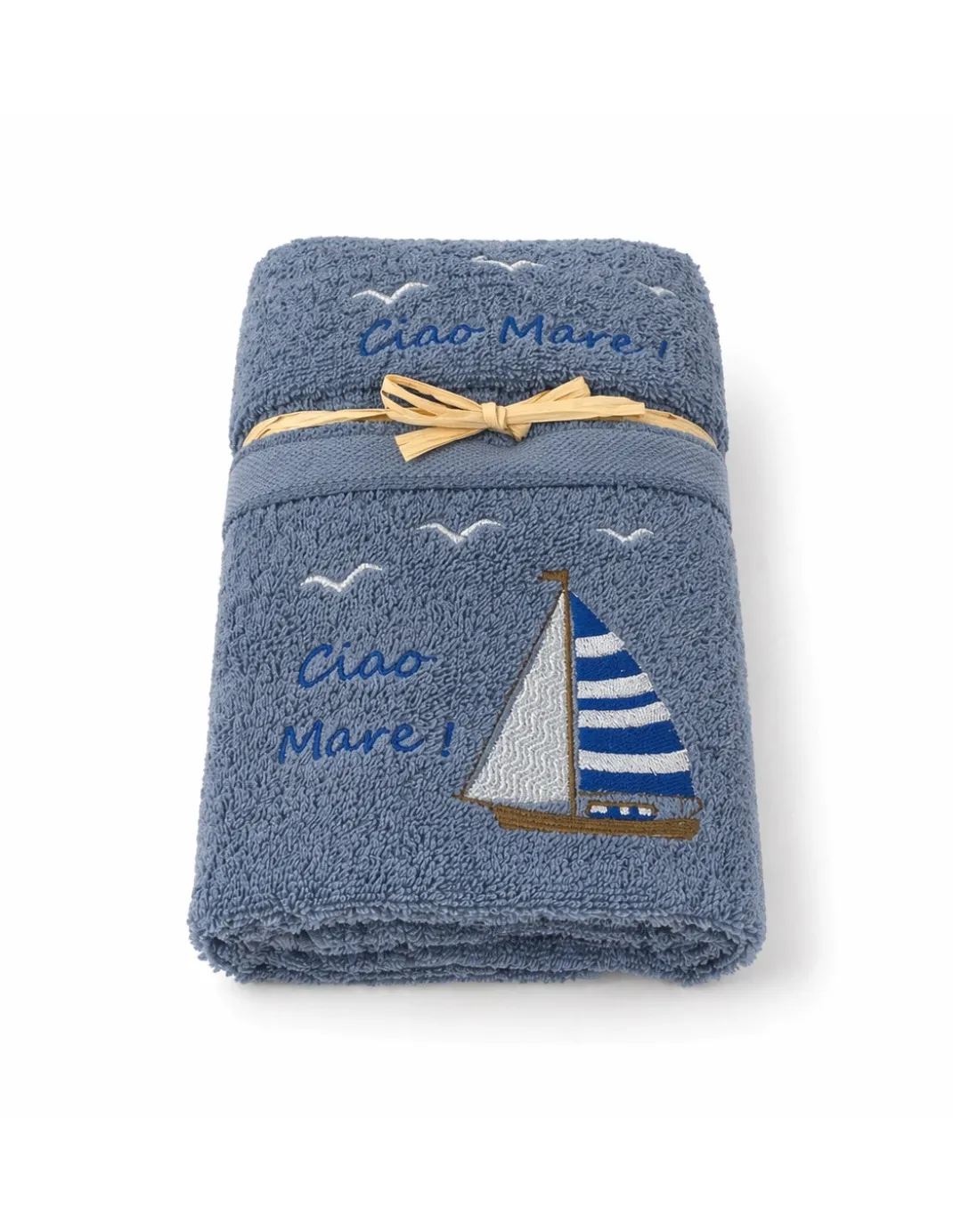 Set Asciugamani Bagno Blu “Ciao Mare” in Spugna 100% Cotone, Ricamo Barca a Vela, Made in Italy, Idea Regalo
