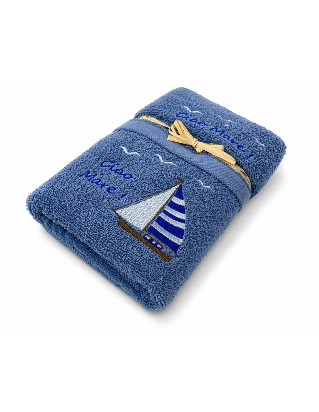 Set Asciugamani Bagno Blu “Ciao Mare” in Spugna 100% Cotone, Ricamo Barca a Vela, Made in Italy, Idea Regalo