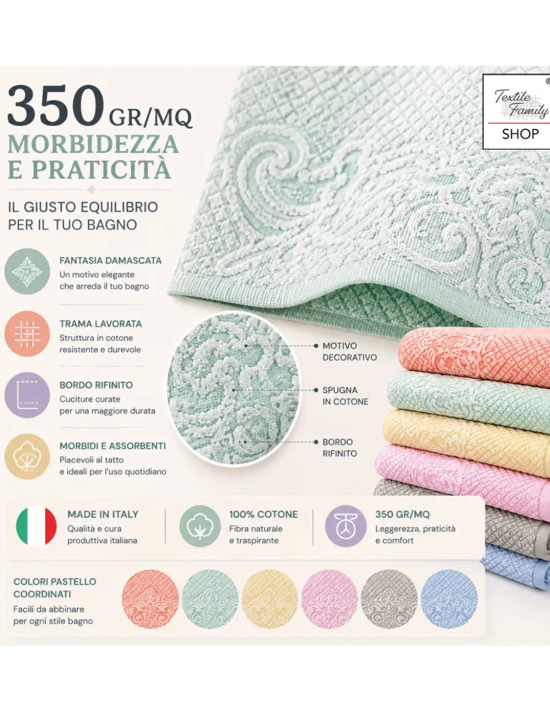 Set Asciugamani Bagno Damasco 6 Pezzi in Cotone, 350 gr/mq, Made in Italy