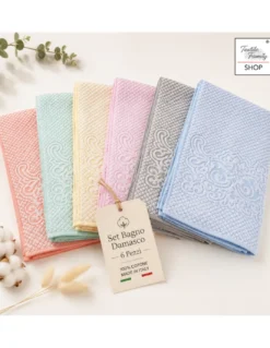 Set Asciugamani Bagno Damasco 6 Pezzi in Cotone, 350 gr/mq, Made in Italy