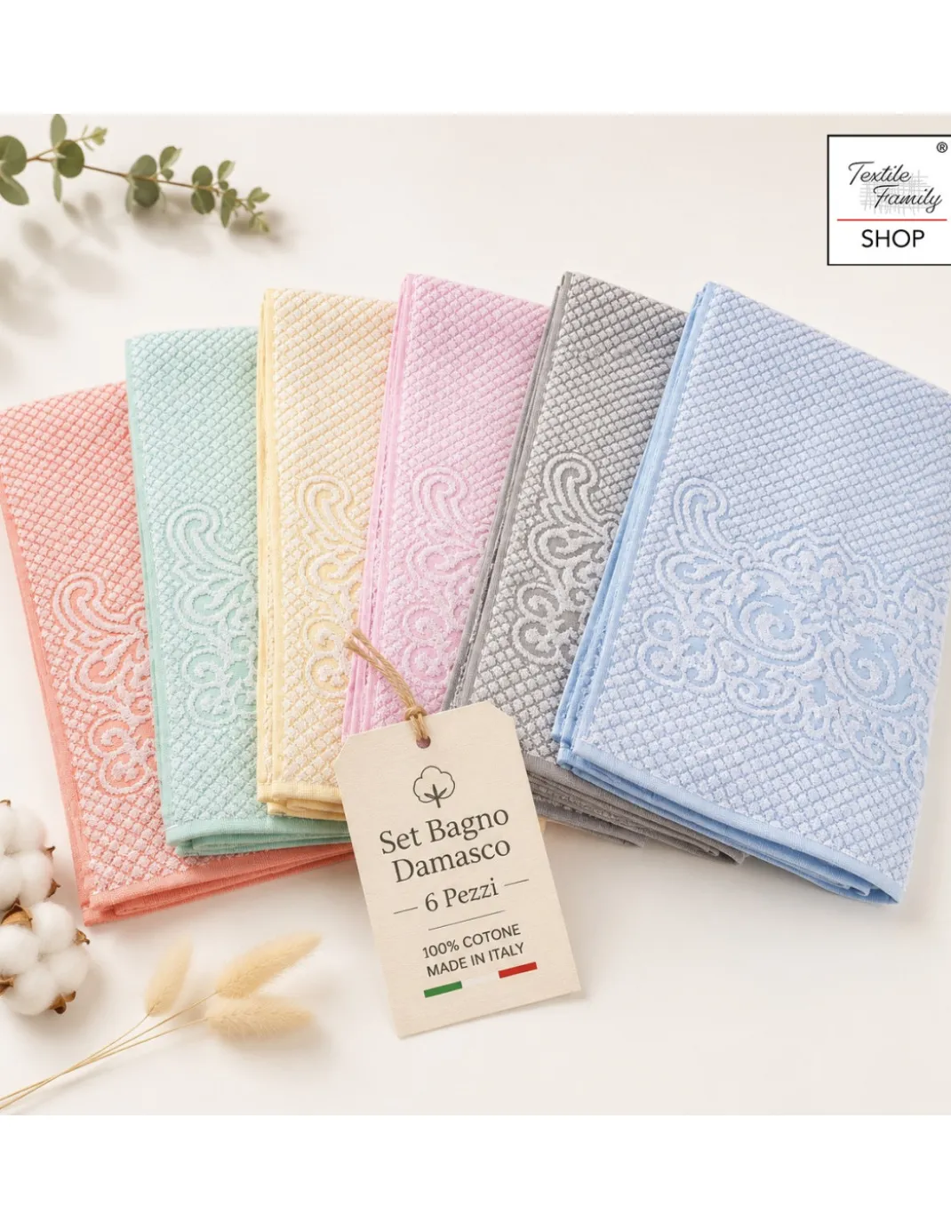 Set Asciugamani Bagno Damasco 6 Pezzi in Cotone, 350 gr/mq, Made in Italy