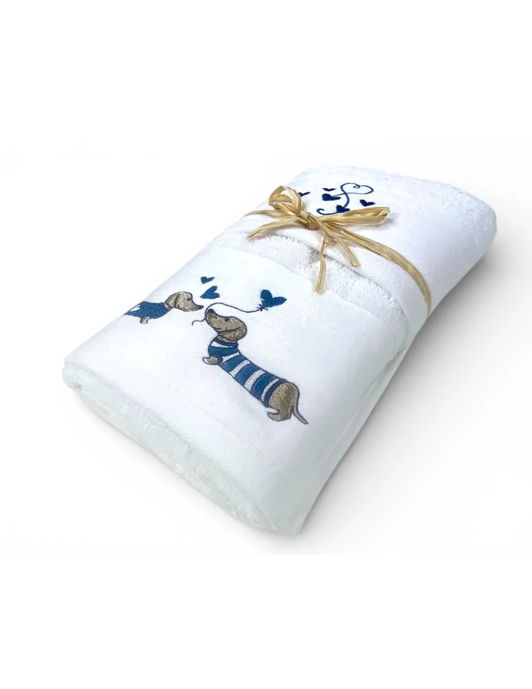 Set Asciugamani Bassotti Blu in Spugna Bianca 100% Cotone | 1 Asciugamano 60x110 + 1 Ospite 40x60 Ricamo Cuori | Made in Italy