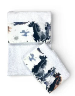 Set Asciugamani Cavalli Bianco 500 g/m² 100% Cotone | 1 Asciugamano 60x110 + 1 Ospite 40x60 con Balza Stampata