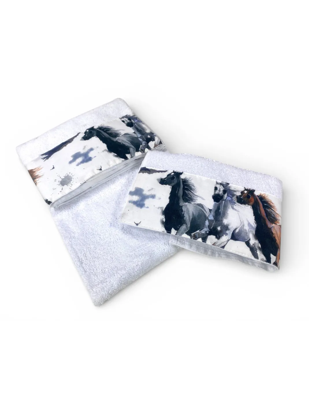 Set Asciugamani Cavalli Bianco 500 g/m² 100% Cotone | 1 Asciugamano 60x110 + 1 Ospite 40x60 con Balza Stampata