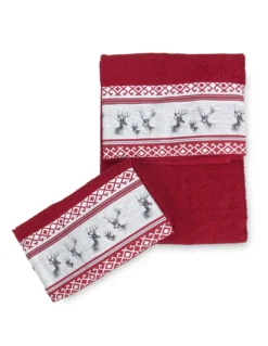 SET asciugamani con bordo tirolese CERVINO ROSSO in puro cotone Made in Italy