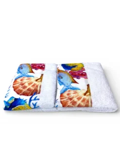 Set Asciugamani Mare Bianco 500 g/m² 100% Cotone | 1 Asciugamano 60x110 + 1 Ospite 40x60 con Balza Acquario Pesci