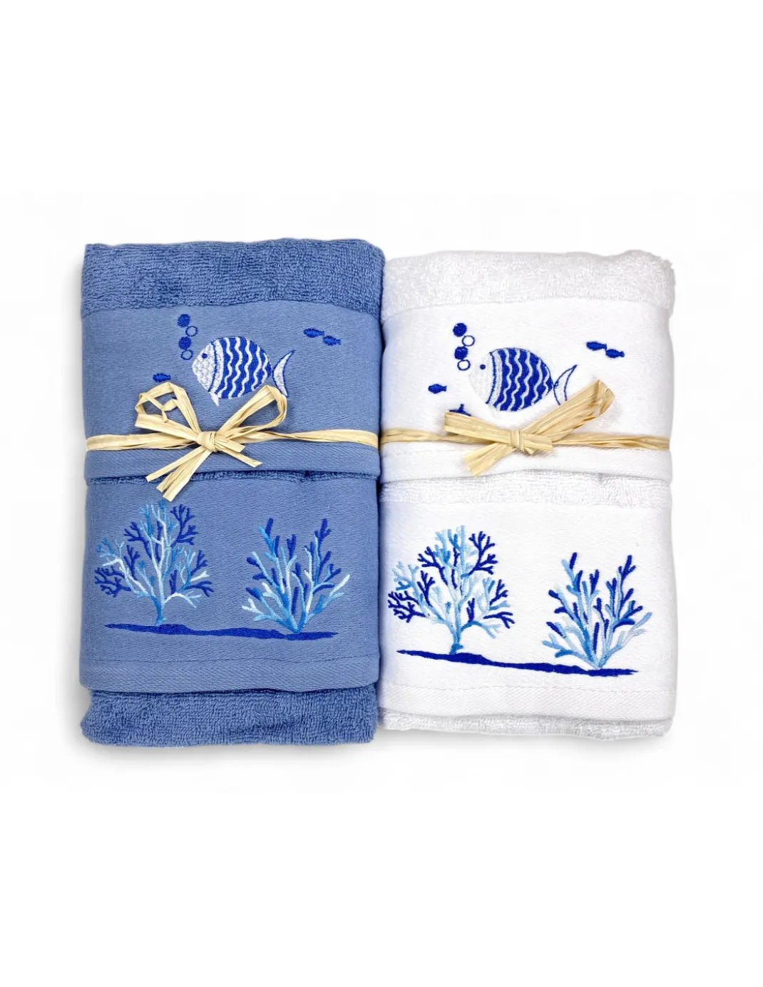 Set Asciugamani Mare Bianco Pesci Coralli - Spugna 100% Cotone - Ricamo Nautico Blu - Made in Italy