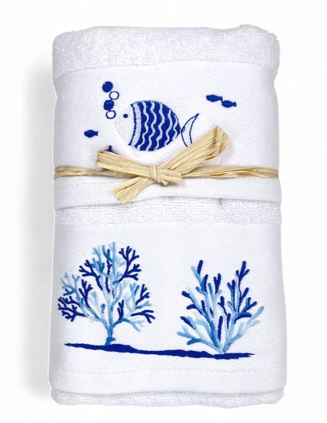 Set Asciugamani Mare Bianco Pesci Coralli - Spugna 100% Cotone - Ricamo Nautico Blu - Made in Italy