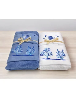 Set Asciugamani Mare Blu Pesci Coralli - Spugna 100% Cotone - Ricamo Nautico Bianco - Made in Italy