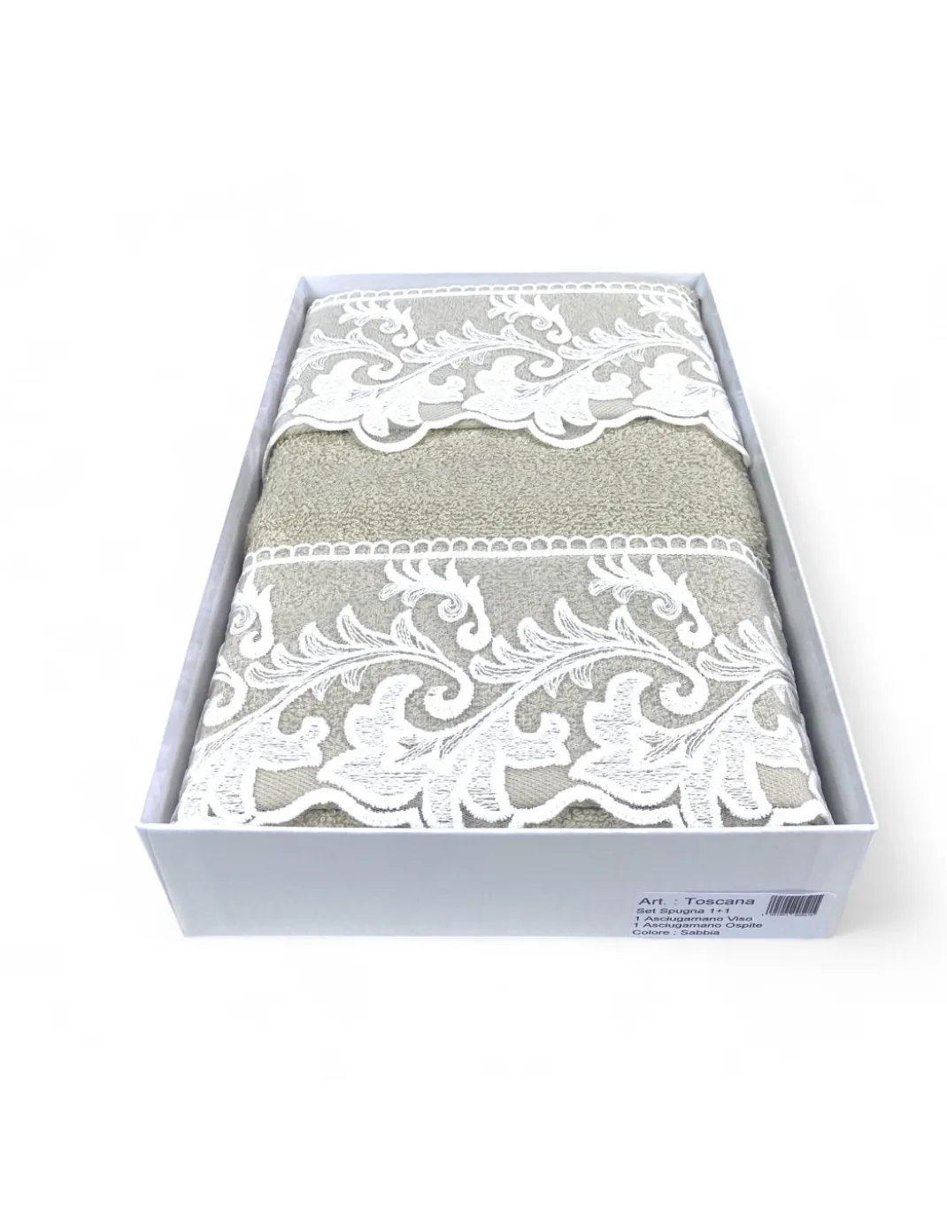Set Asciugamani 1+1 Pizzo Macramè Toscana Sabbia, Puro Cotone, Made in Italy, Idea Regalo, Confezione Elegante