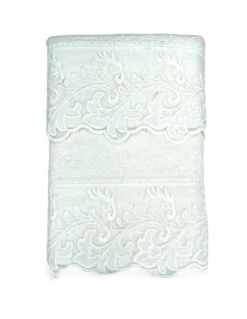 Set Asciugamani 1+1 Pizzo Macramè Toscana Panna, Puro Cotone, Made in Italy, Idea Regalo, Confezione Elegante