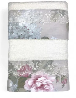 Set Asciugamani 1+1 Pizzo Macramè Roseto Panna, Puro Cotone, Made in Italy, Idea Regalo, Confezione Elegante