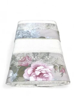 Set Asciugamani 1+1 Pizzo Macramè Roseto Panna, Puro Cotone, Made in Italy, Idea Regalo, Confezione Elegante