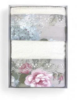 Set Asciugamani 1+1 Pizzo Macramè Roseto Panna, Puro Cotone, Made in Italy, Idea Regalo, Confezione Elegante