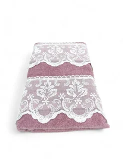 Set Asciugamani 1+1 Pizzo Macramè Malika Rosa, Puro Cotone, Made in Italy, Idea Regalo, Confezione Elegante
