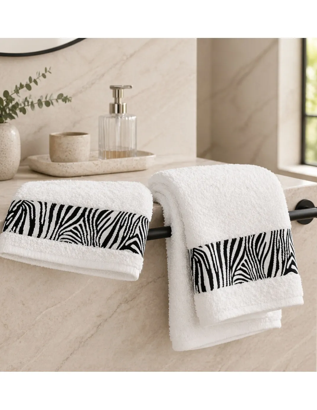 SET ASCIUGAMANI spugna JACQUARD 1+1 VISO e ospite ZEBRATO bianco