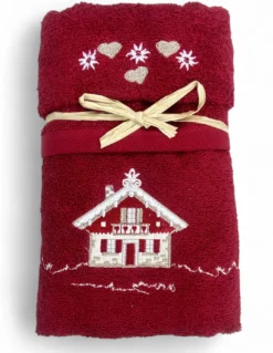 Set Asciugamani Tirolese Casetta Bordeaux - Tirolo - Spugna 100% Cotone - Ricamo Chalet Montagna Made in Italy