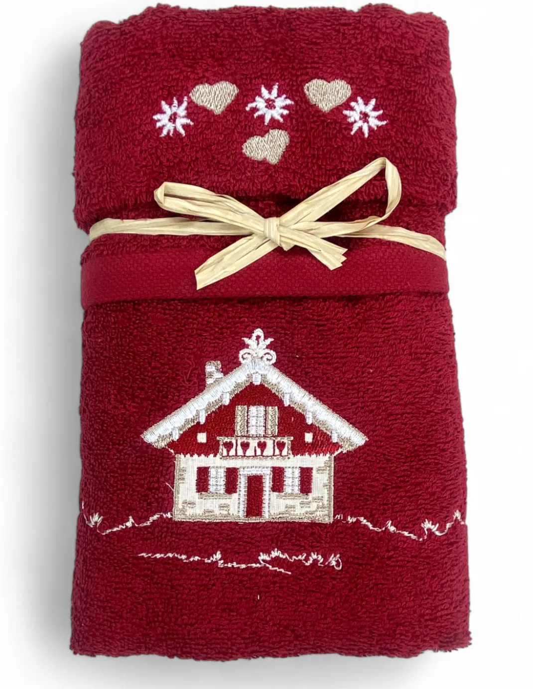 Set Asciugamani Tirolese Casetta Bordeaux - Tirolo - Spugna 100% Cotone - Ricamo Chalet Montagna Made in Italy