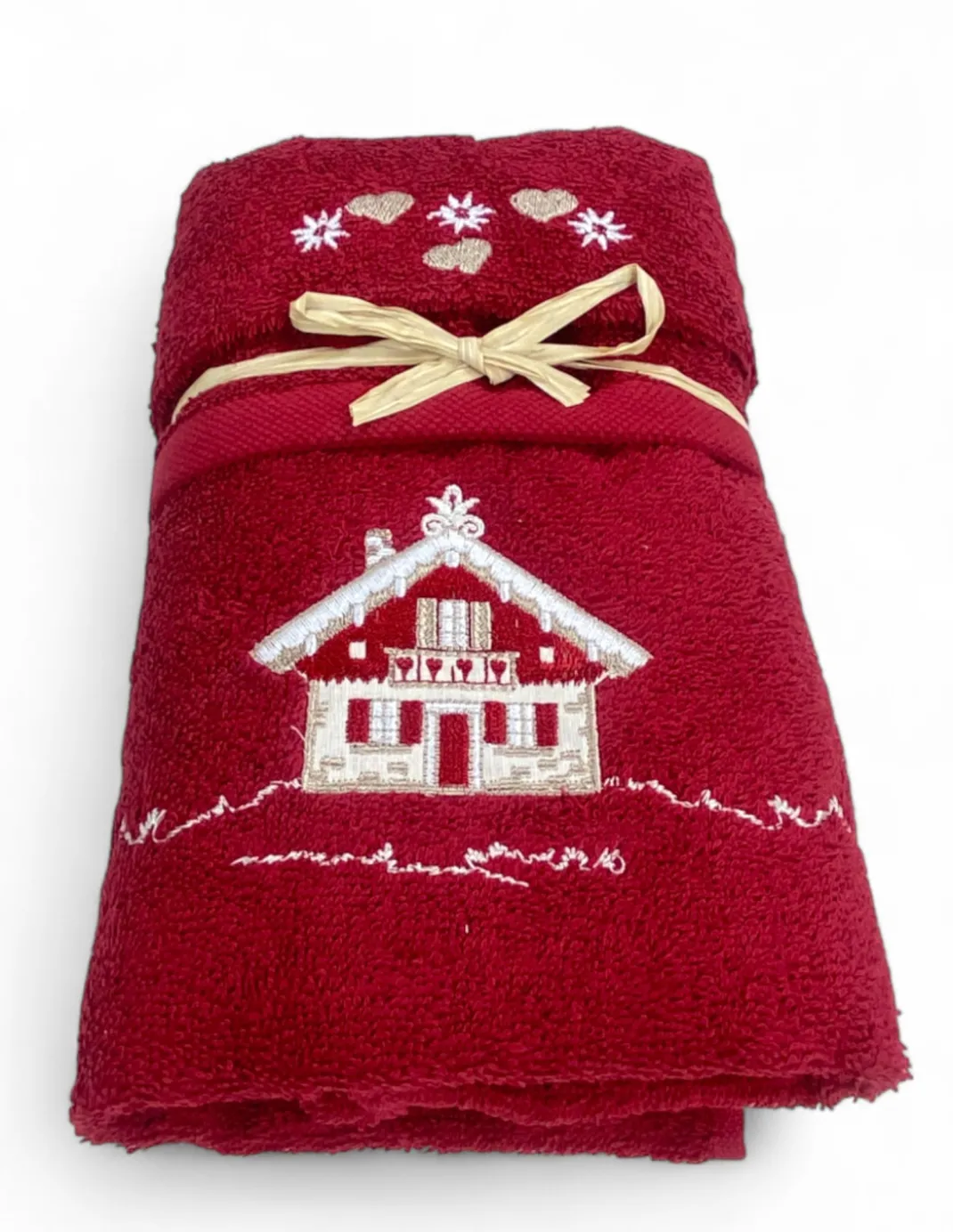 Set Asciugamani Tirolese Casetta Bordeaux - Tirolo - Spugna 100% Cotone - Ricamo Chalet Montagna Made in Italy