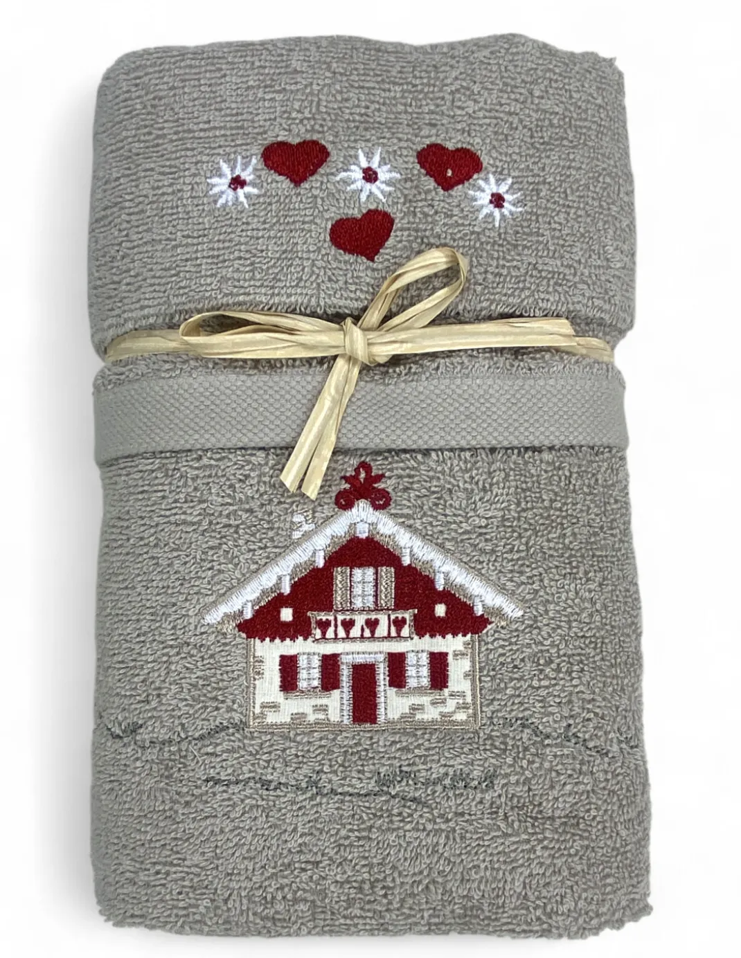 Set Asciugamani Tirolese Casetta Tortora - Tirolo - Spugna 100% Cotone - Ricamo Chalet Montagna Made in Italy