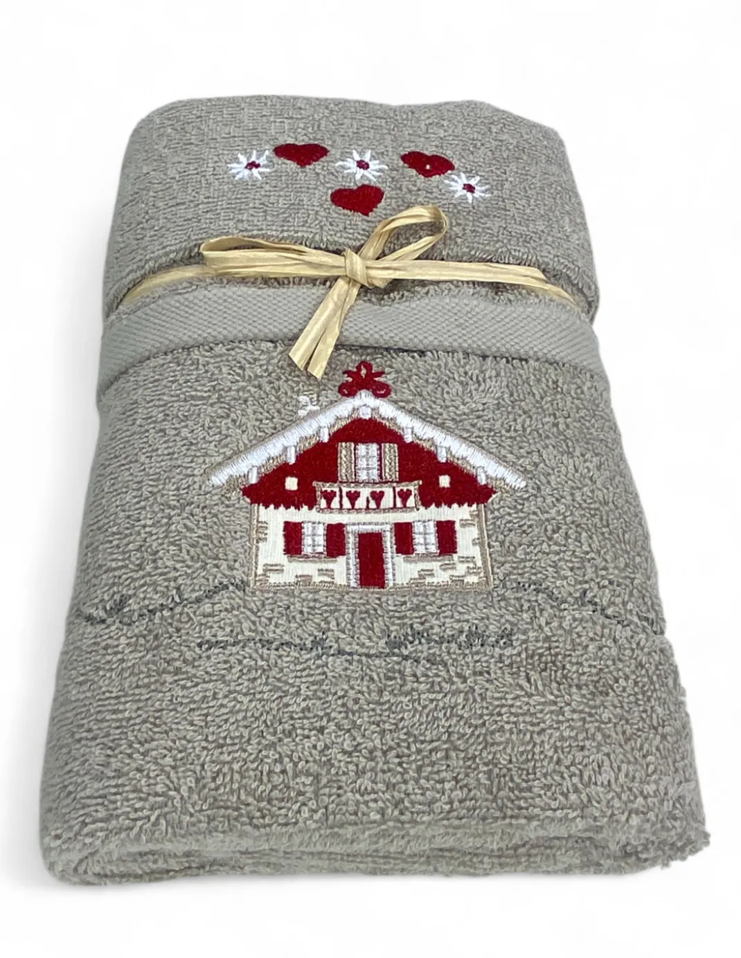 Set Asciugamani Tirolese Casetta Tortora - Tirolo - Spugna 100% Cotone - Ricamo Chalet Montagna Made in Italy