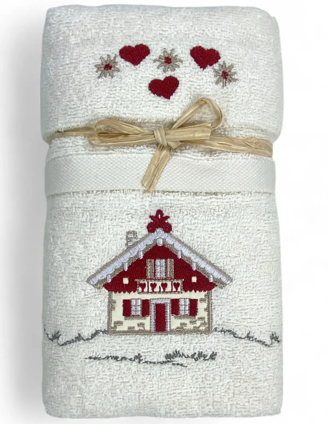 Set Asciugamani Tirolese Casetta Panna - Tirolo - Spugna 100% Cotone - Ricamo Chalet Montagna Made in Italy