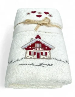 Set Asciugamani Tirolese Casetta Panna - Tirolo - Spugna 100% Cotone - Ricamo Chalet Montagna Made in Italy