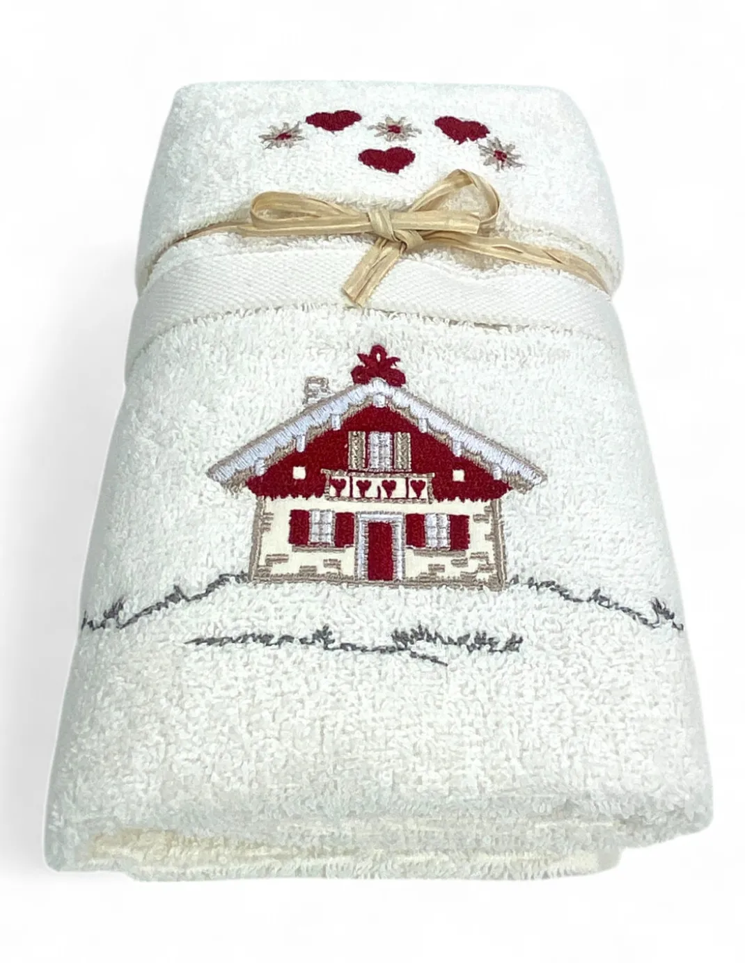 Set Asciugamani Tirolese Casetta Panna - Tirolo - Spugna 100% Cotone - Ricamo Chalet Montagna Made in Italy