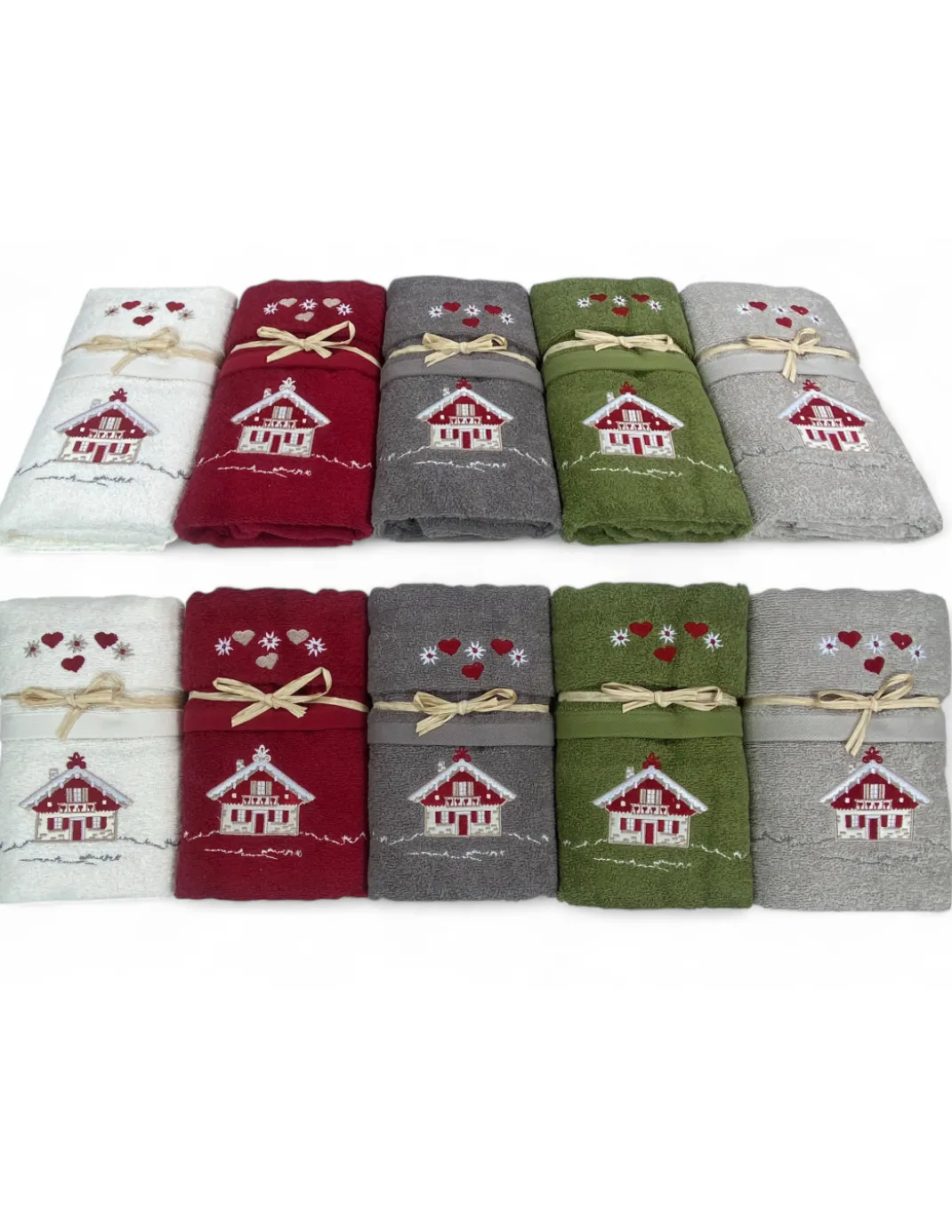 Set Asciugamani Tirolese Casetta Panna - Tirolo - Spugna 100% Cotone - Ricamo Chalet Montagna Made in Italy