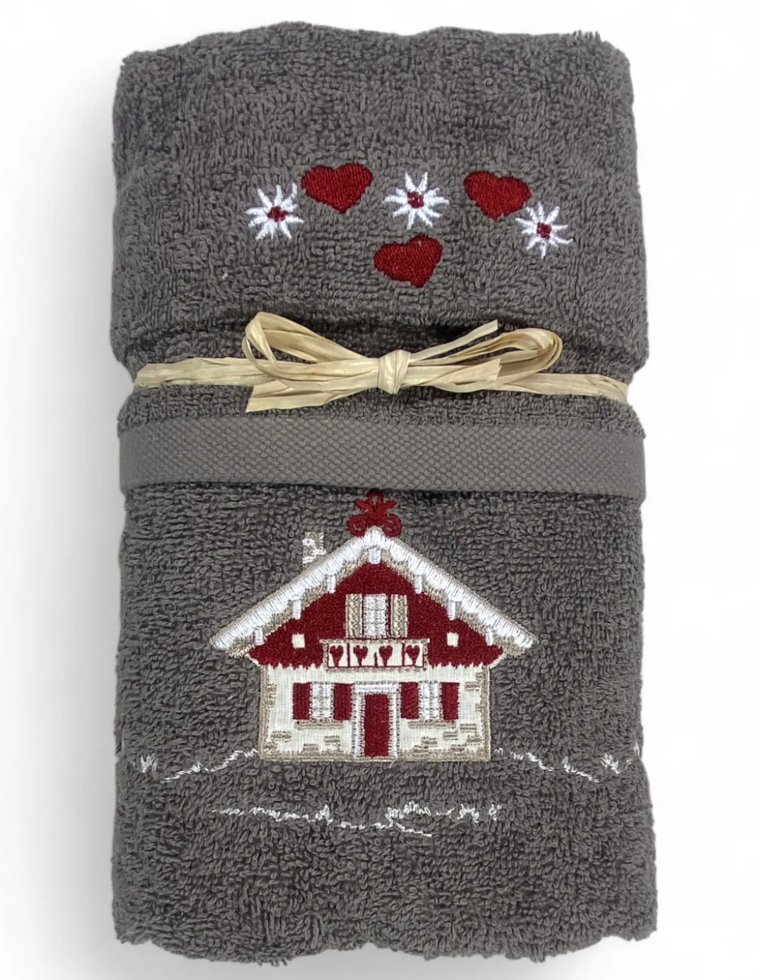 Set Asciugamani Tirolese Casetta Grigio - Tirolo - Spugna 100% Cotone - Ricamo Chalet Montagna Made in Italy