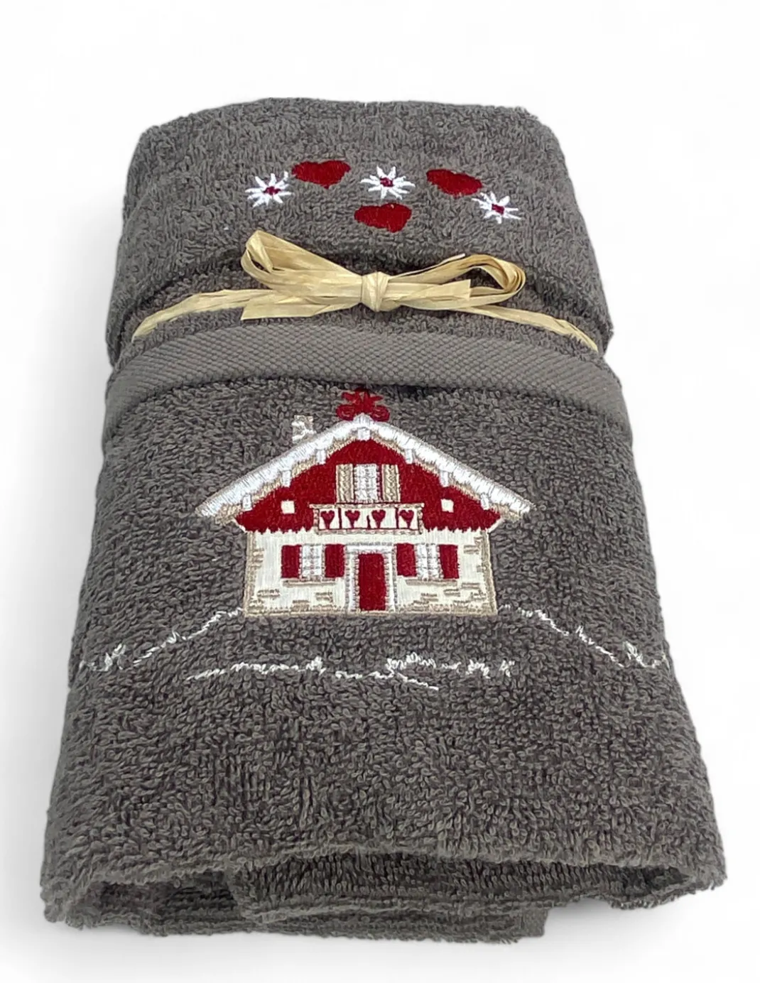 Set Asciugamani Tirolese Casetta Grigio - Tirolo - Spugna 100% Cotone - Ricamo Chalet Montagna Made in Italy